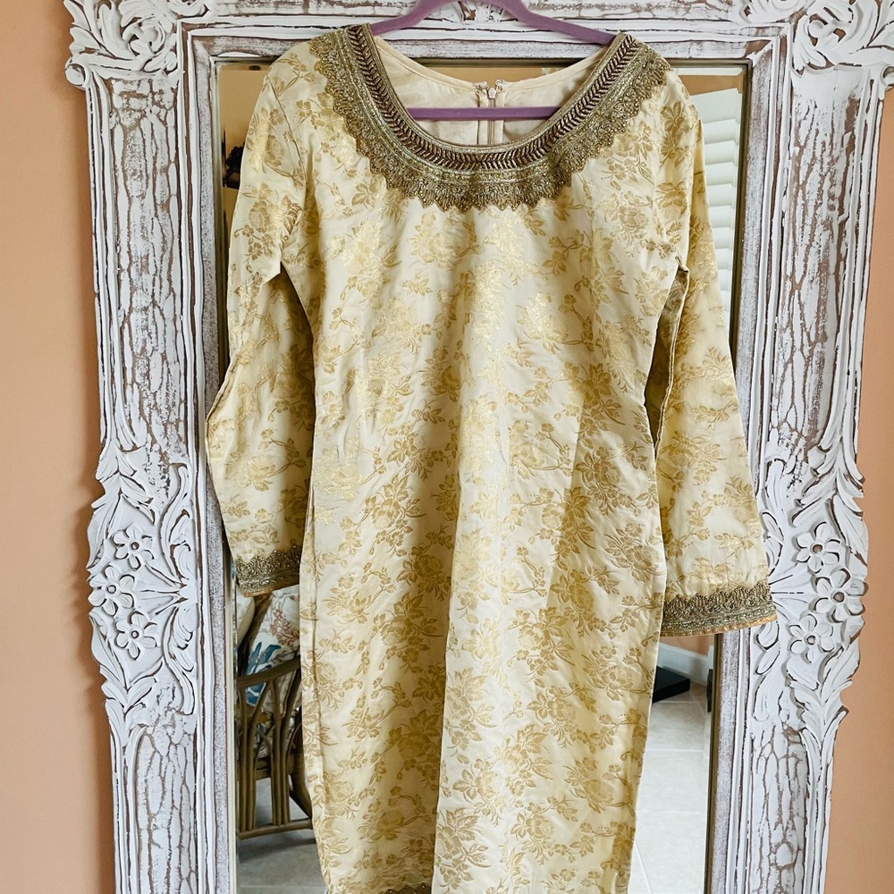 Boho Glam Vintage Gold Floral Brocade Side Slits Bollywood Tunic Midi Dress Lg